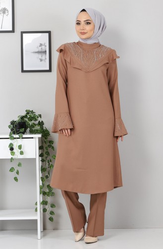 İncili Fırfırlı Kombin 9871 Taba