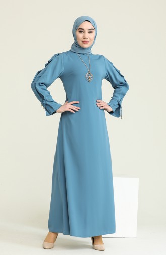 Şifon Detaylı Elbise 0123-01 Mavi