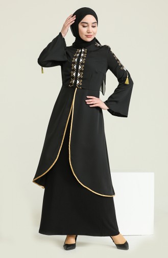 Nakışlı Kaftanlı Elbise 5000-04 Siyah