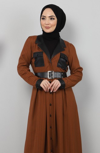 Düğmeli Deri Detaylı Elbise 10419 Taba