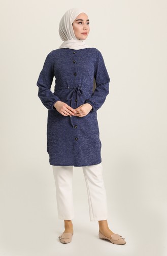 Selanik Kumaş Beli Büzgülü Tunik 3060-01 İndigo
