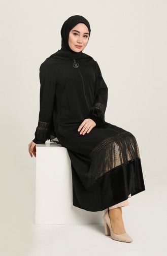 Abaya Garnie Détail Franges 99096-01 Noir 99096-01