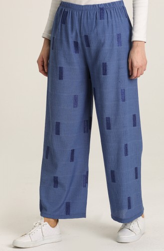 Desenli Bol Paça Pantolon 0257A-02 Açık Mavi