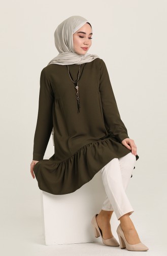 Falbel Bluse mit Halskette 4401-03 Khaki Grün 4401-03