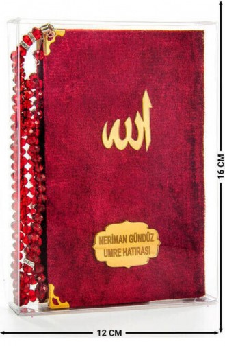 Kadife Kaplı Yasin Kitabı Çanta Boy İsim Baskılı Plaka Tesbihli Şeffaf Kutulu Kırmızı Hediyelik Yasin Seti