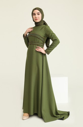 Merve Arslan Robe Bordée de Perles 0010-02 Vert Khaki 0010-02