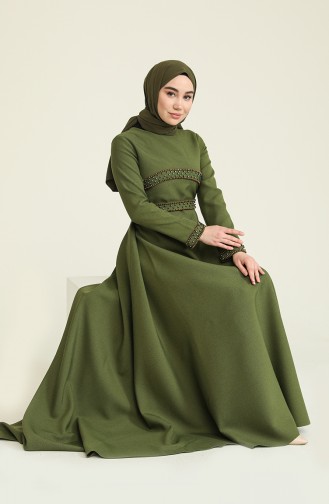 Merve Arslan Robe Bordée de Perles 0010-02 Vert Khaki 0010-02