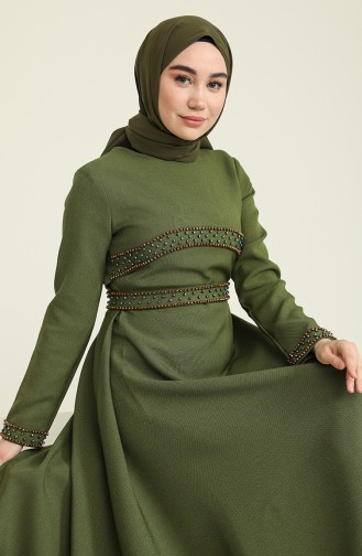 Merve Arslan Boncuk İşlemeli Elbise 0010-02 Haki Yeşil
