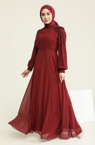 Claret Red Hijab Evening Dress 52813-01