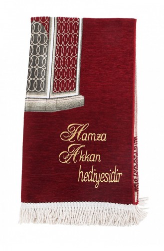 Kişiye Özel İsim İşlemeli Makamı İbrahim Desenli Lüks Şönil Seccade Bordo