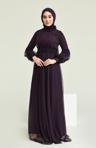 Güpürlü Tül Abiye Elbise 5652-02 Mor