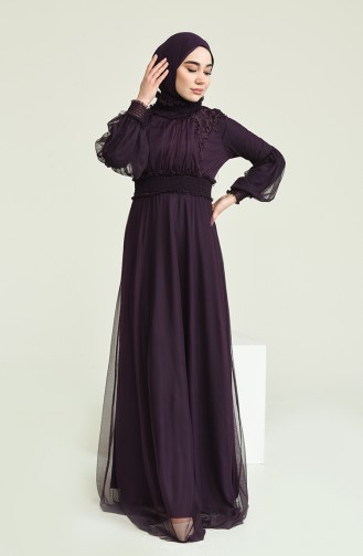 Güpürlü Tül Abiye Elbise 5652-02 Mor