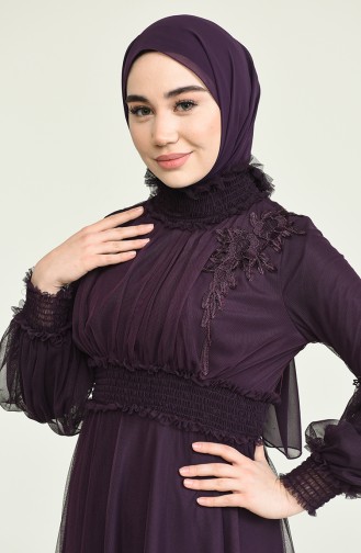 Güpürlü Tül Abiye Elbise 5652-02 Mor