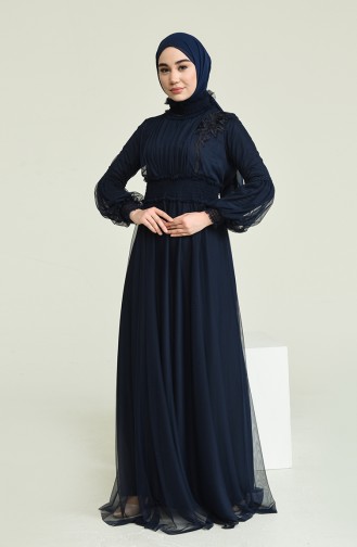 Navy Blue Hijab Evening Dress 5652-03