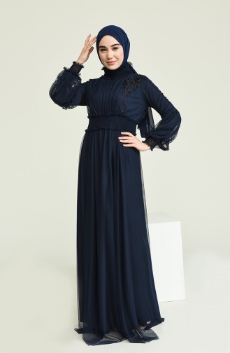 Navy Blue Hijab Evening Dress 5652-03