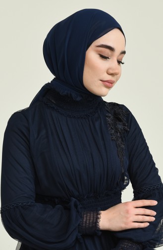 Navy Blue Hijab Evening Dress 5652-03