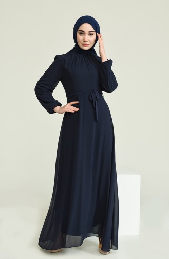 Navy Blue Hijab Evening Dress 5674-08