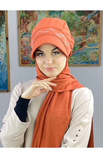 Gümüş Taşlı Toka Detaylı Hazır Şapka 25BST060322-01 Turuncu