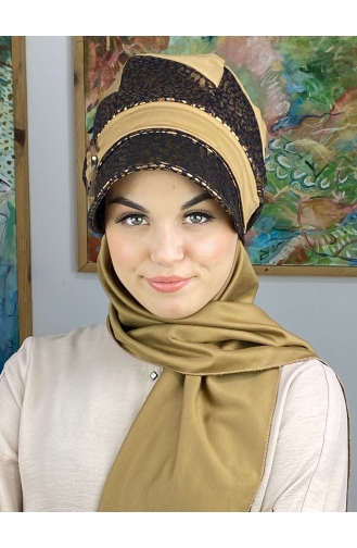 Parlak Bakır Leoparlı Çarkıfelek Model Tokalı Atkılı Şapka 36BST060322-02 Sütlü kahve Bakır Rengi