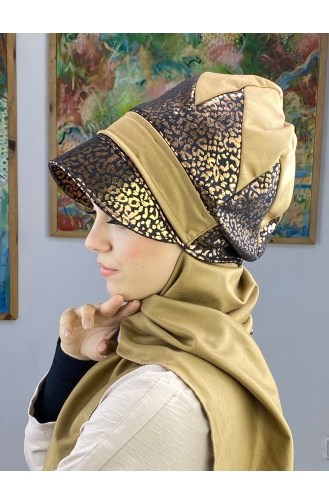 Parlak Bakır Leoparlı Çarkıfelek Model Tokalı Atkılı Şapka 36BST060322-02 Sütlü kahve Bakır Rengi