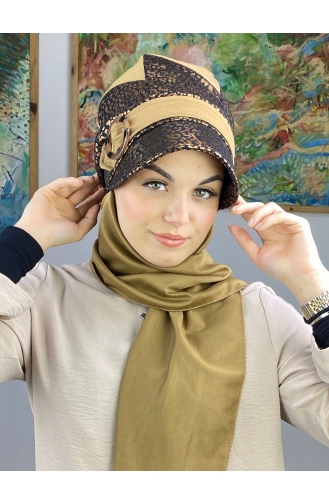 Parlak Bakır Leoparlı Çarkıfelek Model Tokalı Atkılı Şapka 36BST060322-02 Sütlü kahve Bakır Rengi