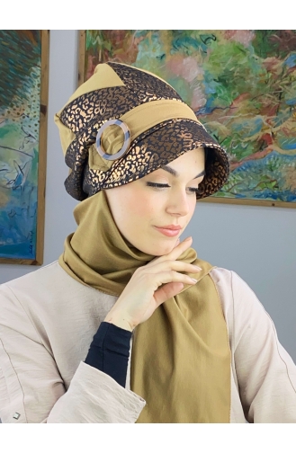 Parlak Bakır Leoparlı Çarkıfelek Model Tokalı Atkılı Şapka 36BST060322-02 Sütlü kahve Bakır Rengi
