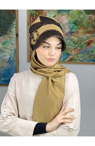 Parlak Bakır Leoparlı Çarkıfelek Model Tokalı Atkılı Şapka 36BST060322-02 Sütlü kahve Bakır Rengi