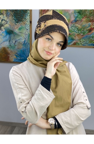 Parlak Bakır Leoparlı Çarkıfelek Model Tokalı Atkılı Şapka 36BST060322-02 Sütlü kahve Bakır Rengi