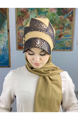 Parlak Bakır Leoparlı Çarkıfelek Model Tokalı Atkılı Şapka 36BST060322-02 Sütlü kahve Bakır Rengi