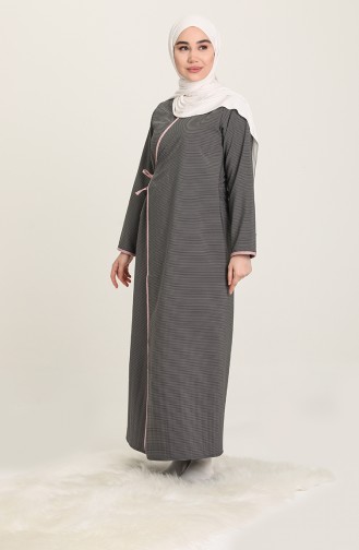 Cizgili Yandan Baglamalı Namaz Elbisesi 7036-01 Siyah Gri