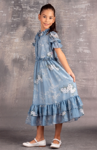 Çiçek Desenli Boydan Şifon Elbise TVD2170C-01 Mavi