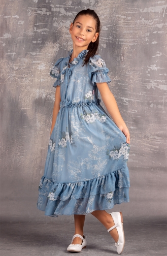 Çiçek Desenli Boydan Şifon Elbise TVD2170C-01 Mavi
