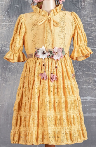 Çiçek Kemerli Kız Çocuk Elbisesi TVD2272K-02 Sarı
