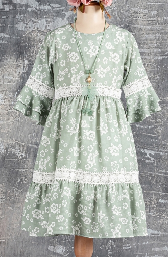 Dantel Geçişli Kolyeli Kız Çocuk Elbisesi TVD2183D-02 Yeşil