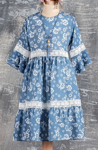 Dantel Geçişli Kolyeli Kız Çocuk Elbisesi TVD2183D-04 Mavi