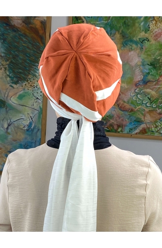 Melek Model Açık Şeritli Tek Biritli Fularlı Şapka 43BST060322-03 Turuncu Beyaz