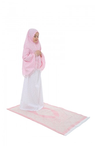 Seccadeli Çocuk Namaz Elbisesi 0988-01 Pembe Beyaz
