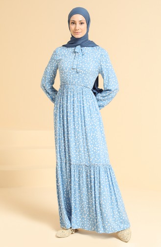 Kravat Yaka Viskon Elbise 60236-01 Mavi