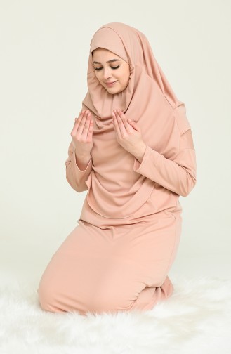 Çantalı Namaz Elbisesi 4486A-15 Koyu Pudra