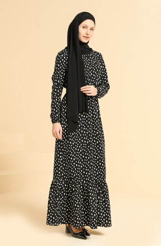 Elastic Sleeve Patterned Dress 3032-01 Black 3032-01