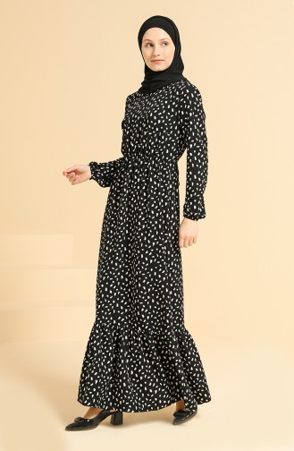 Elastic Sleeve Patterned Dress 3032-01 Black 3032-01
