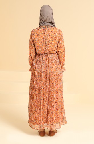 Çiçekli Şifon Elbise 0822-05 Oranj