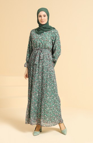 Çiçekli Şifon Elbise 0822-06 Yeşil