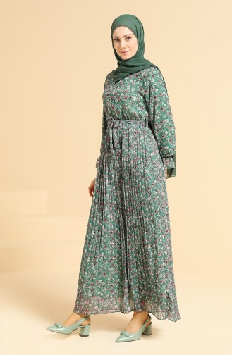 Çiçekli Şifon Elbise 0822-06 Yeşil