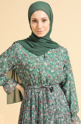 Çiçekli Şifon Elbise 0822-06 Yeşil