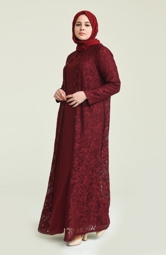 فستان سهرة بلمعة فضية مقاس كبير أحمر كلاريت 6004A-04
