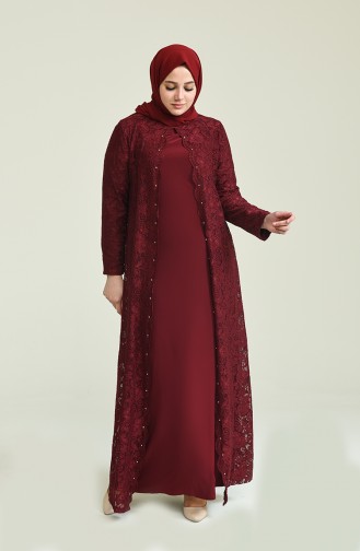 فستان سهرة بلمعة فضية مقاس كبير أحمر كلاريت 6004A-04