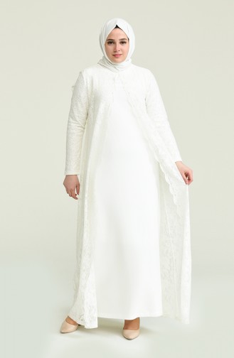 Ecru Hijab Evening Dress 6004-05