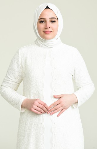 Ecru Hijab Evening Dress 6004-05
