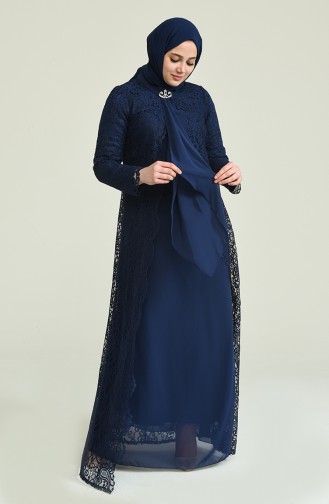 Navy Blue İslamitische Avondjurk 4001-01